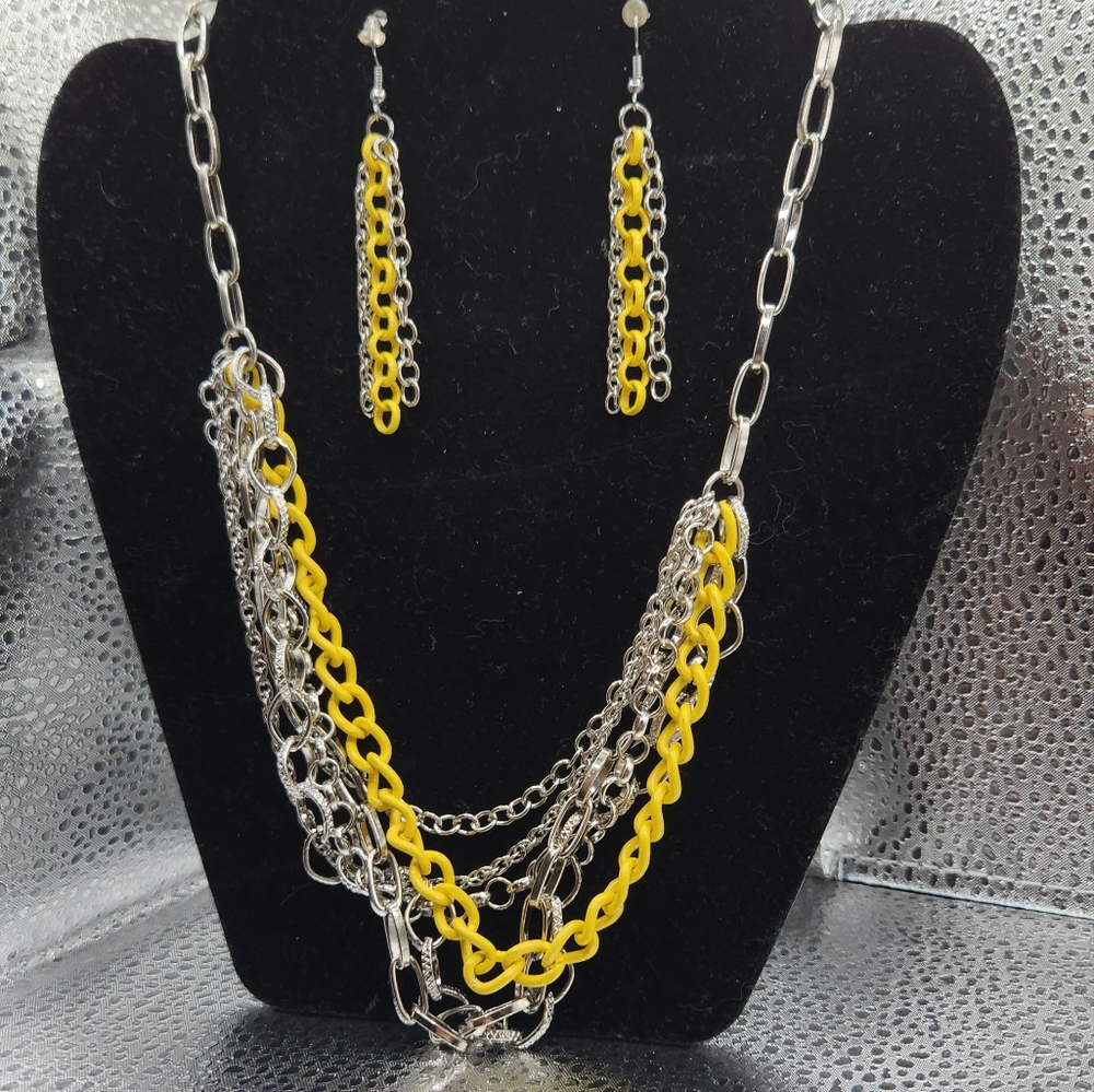 Silver and Yellow Chain Necklace and Earring Set